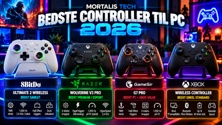 Illustration af fire controllere til PC med TMR, Hall Effect, 1.000 Hz og Xbox-kompatibilitet – MORTALIS TECH