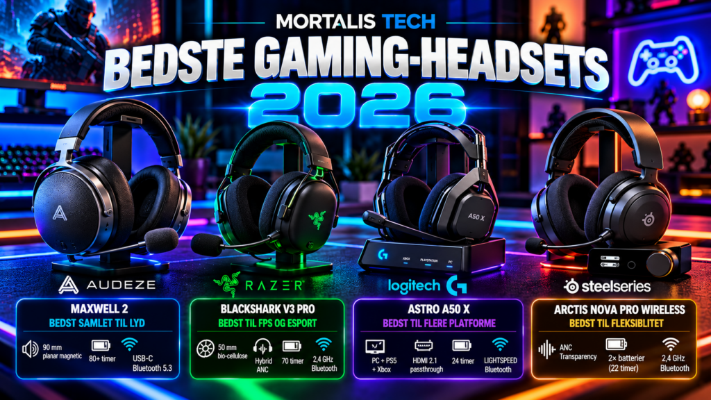 Illustration af fire gaming-headsets til PC og konsol – MORTALIS TECH