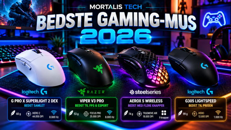Illustration af fire gaming-mus til FPS, esport og allround gaming – MORTALIS TECH