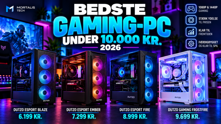 Illustration af fire færdigbyggede gaming-PC’er under 10.000 kr. – MORTALIS TECH