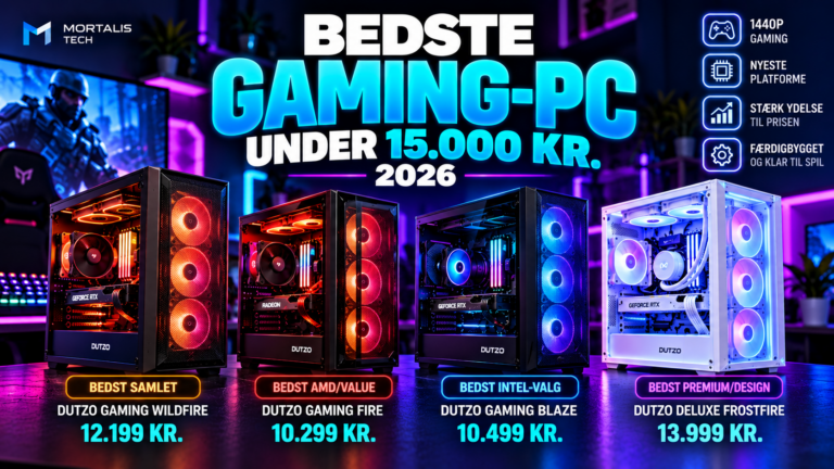 Illustration af fire færdigbyggede gaming-PC’er under 15.000 kr. – MORTALIS TECH