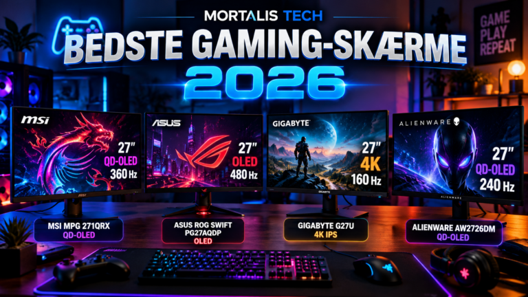 Illustration af fire gaming-skærme med OLED, QD-OLED og 4K – MORTALIS TECH