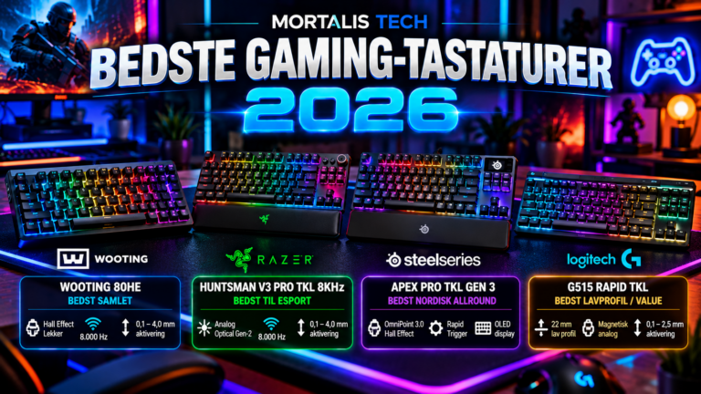 Illustration af fire gaming-tastaturer med Hall Effect, Rapid Trigger og RGB – MORTALIS TECH