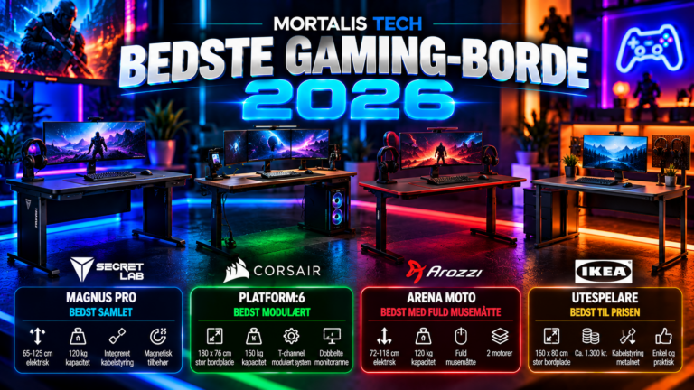 Illustration af fire gaming-borde med kabelstyring, hæve-sænk og gaming-setup – MORTALIS TECH