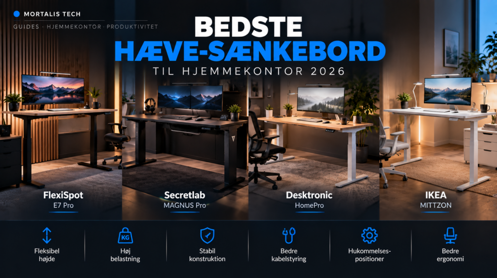 Illustration af fire hæve-sænkeborde til hjemmekontor – MORTALIS TECH