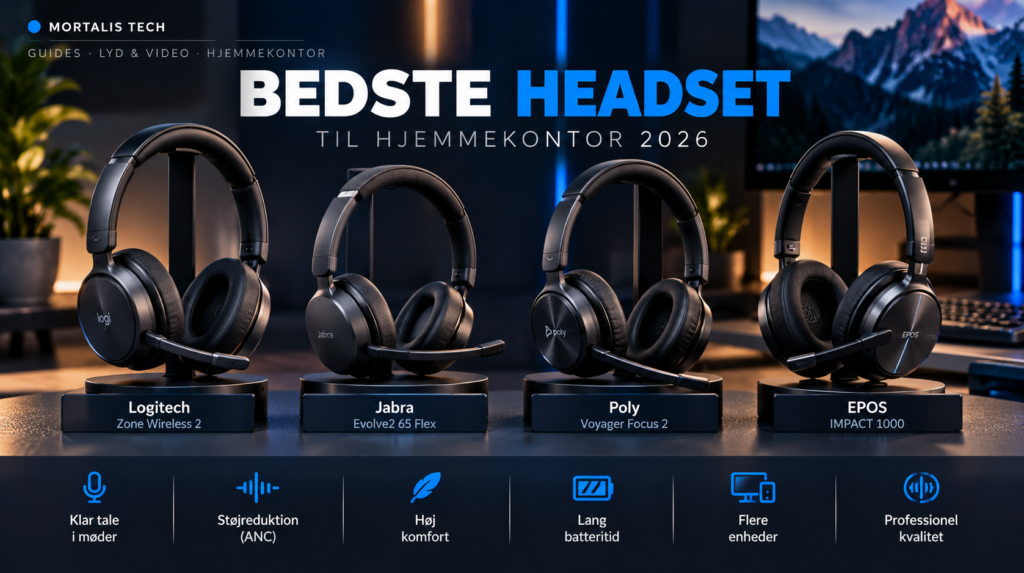 Illustration af fire professionelle headsets til hjemmekontor – MORTALIS TECH