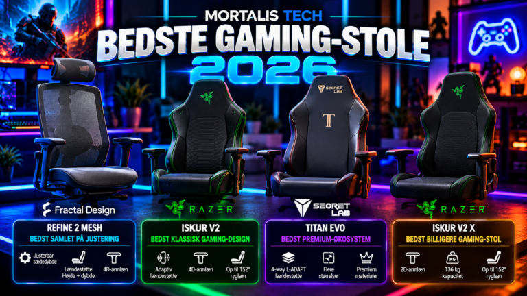 Illustration af fire gaming-stole med fokus på ergonomi, justering og gaming – MORTALIS TECH
