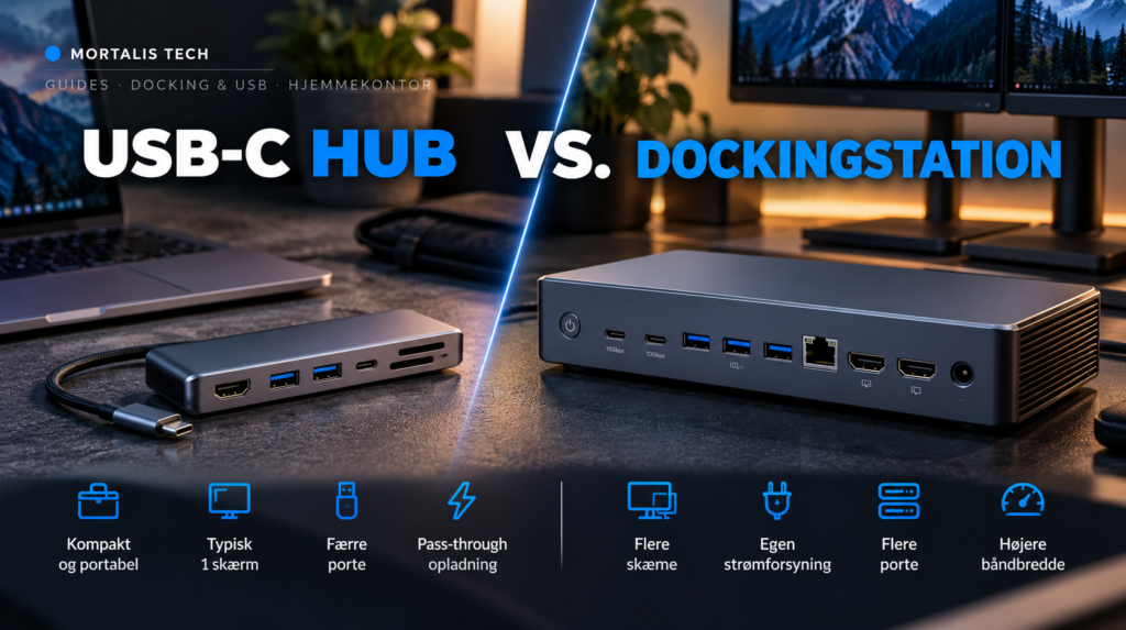 Illustration af USB-C hub sammenlignet med dockingstation – MORTALIS TECH